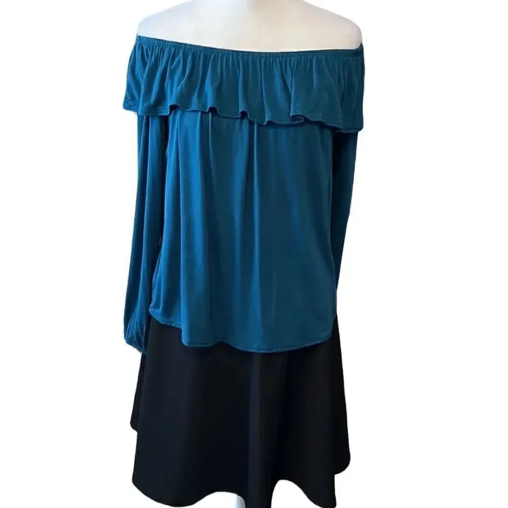 Mind Code beautiful teal top worn on/off shoulders w/ pants skirts jeans shorts